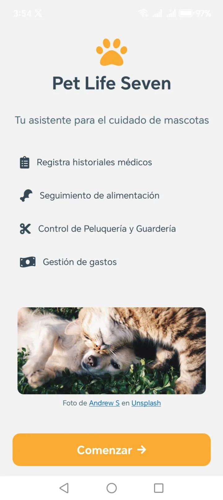 Pantalla de bienvenida de Pet Life Seven