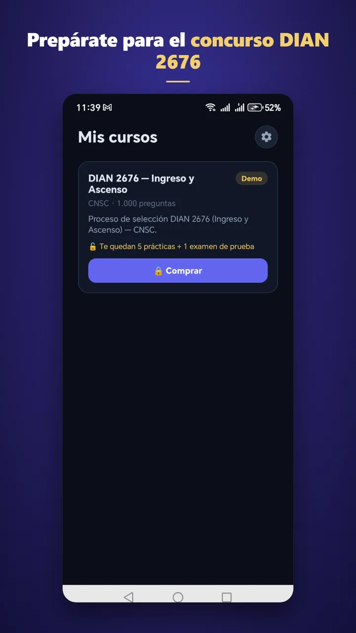 Pantalla de cursos con el curso DIAN 2676